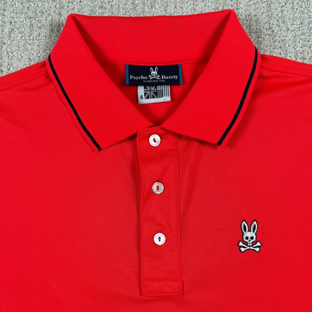 Psycho Bunny Mens 4 (Small) Red Tipped Collar Performance Pique Golf Polo Shirt